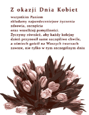 Piękny bukiet jasno różowych tulipanów z życzeniami na dzień kobiet